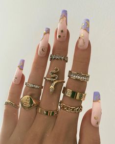 Witchy Nails, Gold Nail Designs, Nail Ring, Nail Jewelry, Dope Nails, Hand Jewelry