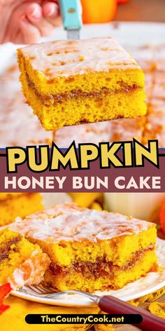 pumpkin honey bun cake on a plate with the title overlay that reads, pumpkin honey bun cake