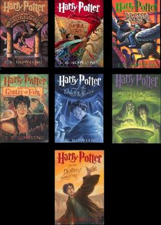 the harry potter books are all in different colors and sizes, including one with an image of