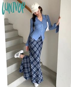 Lunivop Women’s Blue Plaid Wrapped Hip Split Ankle-Length Fishtail Skirt Summer New Chic Young Blue Plaid Skirt, Plaid Midi Skirt, 90s Fashion Grunge, Long Skirt Outfits, Fishtail Skirt, Half Skirt, New Chic, Mermaid Skirt, Vintage Plaid