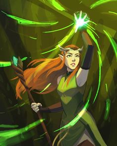 a woman with long hair holding a wand and green lights in her hand while standing next to a forest