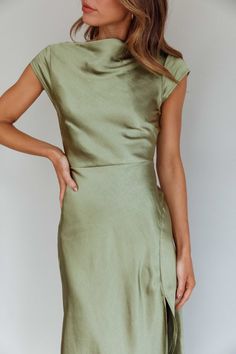 Shop the Lucinda Twist Back Midi Dress Olive | Selfie Leslie Olive Satin Dress, Romantic Date Night, Romantic Date, Clothing Tags, Date Night Dresses, Satin Dress, New Tops, Tulle Dress, Satin Dresses