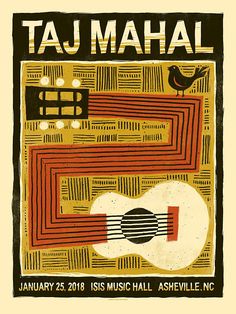 a poster with an image of a guitar in the center and words that read, taj mahl