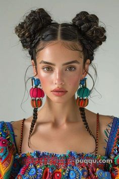 Jungle Theme Hairstyle, Chilean Hairstyles, Lots Of Braids Hairstyles, Bangs And Braids Hairstyles, Main Character Hairstyle, Mexican Braid Hairstyles, Curly Hair Festival Styles, Mexican Hairstyles For Women, Braids Portrait