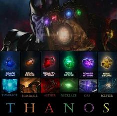 an image of thanos from the avengers movie with many different colors and logos on it