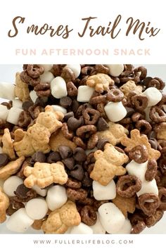 a pile of s'mores trail mix on a white plate with text overlay