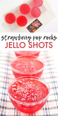 strawberry pop rocks with jello shots in the background and text overlay that reads, strawberry pop rocks jello shots