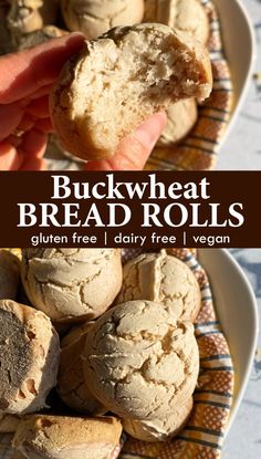 a hand holding a piece of bread in it's palm next to a pile of gluen free, dairy - free vegan buckwheat bread rolls