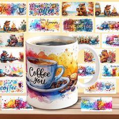 a coffee mug with the words coffee is you surrounded by images of bears and cats