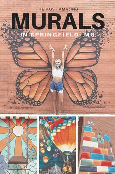 a girl standing in front of a mural with the words murals painted on it's side