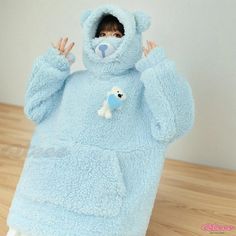 Qteee - Cute Cartoon Bear Plush Hoodie with Pocket Kawaii Winter Hooded Tops, Cute Long Sleeve Hoodie With Kangaroo Pocket, Cute Long Sleeve Hoodie, Cute Hoodie With Kangaroo Pocket, Kawaii Hooded Winter Sweatshirt, Winter Kawaii Hooded Sweatshirt, Kawaii Winter Hoodie Sweatshirt, Cute Hooded Fleece Tops, Cute Blue Fleece Hoodie