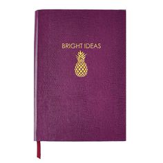 a purple notebook with the words bright ideas written on it and a gold pineapple