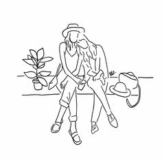 two people sitting on a bench next to a potted plant