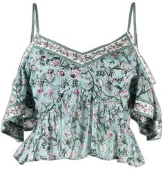 Summer Floral Print Cropped Top, Summer Floral Print Cropped Crop Top, Casual Cropped Off-shoulder Top For Summer, Spaghetti Strap Tops For Spring Day Out, Spring Spaghetti Strap Tops For Day Out, Green Bohemian Summer Top, Green Bohemian Top For Summer, Floral Print Crop Top For Spring Brunch, V-neck Floral Print Crop Top