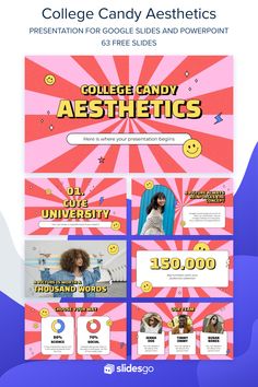 the college candy aesthetics presentation is displayed on a pink background with blue and yellow accents