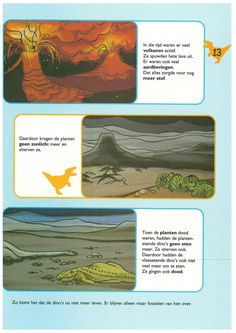 an illustrated book with pictures of dinosaurs and other things in the page, including text