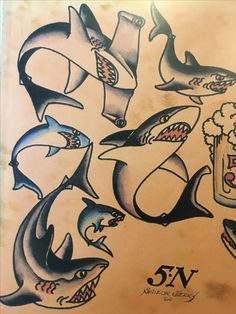 a drawing of sharks and beer with the word 5n on it