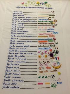 a white table cloth covered in lots of different types of embroidery designs and words on it