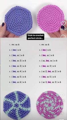 three crocheted circles are shown in different colors and sizes, each with the same number