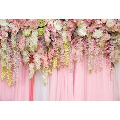 Pink Curtain with Pink White Flowers Backdrop for Party Decoration Background Pink Curtain, Flowers Backdrop, Pink White Flowers, Wedding Backdrops, Decoration Background, Muslin Backdrops, Pink Curtains, Seamless Backdrop, Studio Props