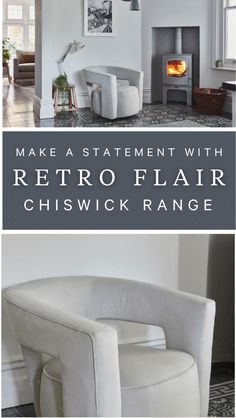 a white chair sitting in front of a fireplace with the words make a statement with retro flair