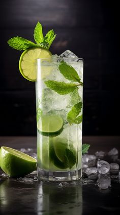 a tall glass filled with ice and lime