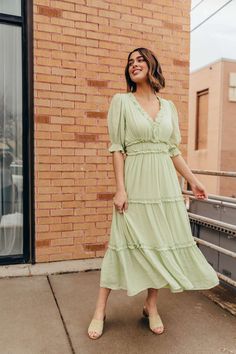 236A6518_WEB Mint Green Midi Dress, Midi Dress Fall, Sage Dress, Checkered Pants, Modest Fits, Green Bridesmaid, Amelia Dress, Chunky Shoes, Green Bridesmaid Dresses