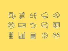 the icons are arranged in blue and white on a yellow background, including symbols for different businesses