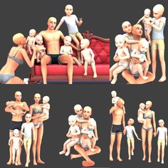 an animated family poses on the couch with their babys and toddler's