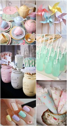 there are many different things in this collage, including toothbrushes and pastel colors