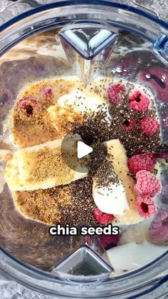 a blender filled with different kinds of fruit and seeds in it's bowl