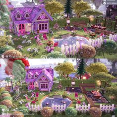 two different views of a purple house in the middle of a park with trees and flowers