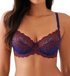 This stunning, sexy bra features Wacoal's lavish signature floral embroidery on the cups, sides and back for an elegant statement. Totally supportive, and shapes you beautifully. Pared down for revealing necklines. 2-part, unpadded, stretch lace underwire cups feature transversal seaming for a rounded, natural appearance and superior lift. Upper cup panel is lined in larger cup sizes for support. Flat cup seams are invisible under clothing. Wide inner support slings along sides of cups provide l Blue Underwire Bra With Medium Bust Support, Elegant Fitted Blue Bra, Blue Lace Bra With Removable Pads, Fitted Blue Bra With Medium Bust Support, Blue Partially Lined Underwire Bra, Fitted Blue Bra With Lace Closure, Blue Fitted Bra Partially Lined, Blue Fitted Partially Lined Bra, Fitted Partially Lined Blue Bra