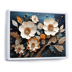 an abstract painting with flowers and leaves on a blue background is featured in this image