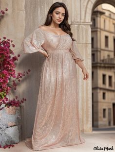 Olivia Mark - Elegant Sequin Evening Gown with Shoulder Sleeves and Floor-Length Design Gown With Long Sleeves, Pink Quince, Evening Gala, Sequin Evening Gowns, Dress With Corset, Military Ball Dresses, Long Sleeve Shift Dress, Floor Length Skirt, Sequin Gown