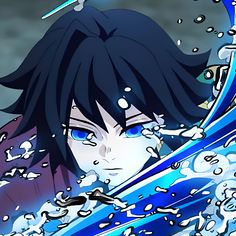 an anime character with black hair and blue eyes is in the water holding a surfboard