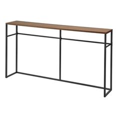 an iron and wood console table with two shelves on one side, against a white background