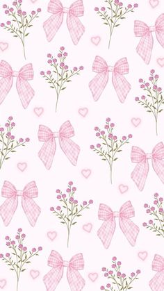 pink bow and flowers on a white background with hearts in the corner for wallpaper