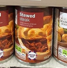 canned stews are on display in the store