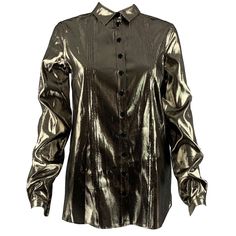 BURBERRY blouse comes in a silver metallic silk woven featuring a straight collar, pleated details at front, and a button up closure. Made in Italy. New with Tags. Marked: 4 Measurements: Shoulder: 16 inches Bust: 38 inches Sleeve: 24 inches Length: 26 inches Reference: 127163 Category: Shirt More Details Brand: BURBERRY Gender: Female Size: 4 Color: Gold Fabric: Silk / Metallic Pattern: Metallic Style: Button Up Condition: 1. New wtih Tags Age Group: Adult Burberry Blouse, Metallic Pattern, Burberry Tops, Metallic Style, Resale Store, Archive Fashion, Gold Silk, Gold Fabric, Burberry Women