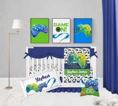 a baby's room with blue and green decor on the wall next to a white crib