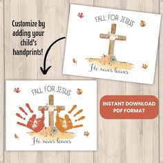 two cards with the words fall for jesus and an image of a handprinted cross