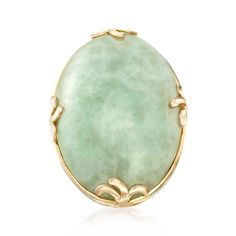 Ross-Simons - Jade Ring in 18kt Gold Over Sterling. Size 9. This ring flaunts a soft and smooth green 30x20mm jade cabochon. For added glory, 18kt yellow gold over sterling silver scrolls elegantly frame the large eye-catching gem. 1 1/4" wide. Jade ring. Pink Topaz Ring, Sky Blue Topaz Ring, White Topaz Earrings, Pendant Ideas, Rhodolite Garnet Ring, Elephant Pendant Necklace, Turquoise Drop Earrings, London Blue Topaz Ring, Jade Ring