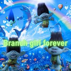 three cartoon trolls are standing in front of a blue background with the words branch gift forever