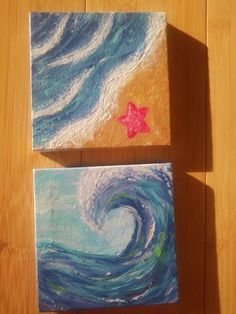 two paintings on wooden boards one with a starfish and the other with a wave