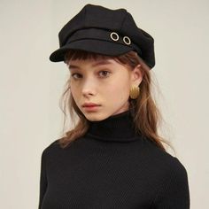 Black News Boy Hat From Salon De Yohn. New With Tags On! It Is Made With 100% Wool. Perfect For Spring/Autumn/Winter. - Vintage Style With Two Golden Rings Point On The Front Side - Elastic Band Detail On The Back Side For More Details, Check Out Https://Us.Wconcept.Com/News-Boy-Hat.Html Head References, Denim Bows, Portrait References, Portrait Reference, Vintage Hollywood Glamour, Golden Rings, Female Faces, Female Reference, Ponytail Hat