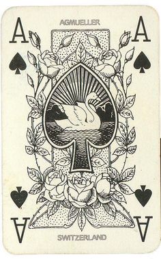 a playing card with an image of a dove in the center and flowers around it