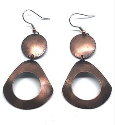 Two-part Copper Earrings Patterned copper Cutout circles recycled copper Handmade by artist Susan Wood Peterson Nickel-free Copper Hoop Earrings, Bronze Round Earrings, Bronze Copper Round Earrings, Round Electroformed Metal Earrings, Electroformed Round Metal Earrings, Handmade Copper Circle Earrings, Nickel-free Copper Circle Earrings, Copper Dangle Earrings, Copper Jewellery