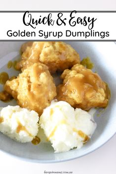 a white bowl filled with golden syrup dumplings covered in ice cream and caramel sauce