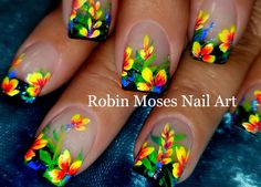 Nail Designs Hand Painted, Neon Nail Art, Tropical Nails, Formal Nails, Neon Flowers, Floral Nail Designs, Flower Nail Designs, Painted Nail Art